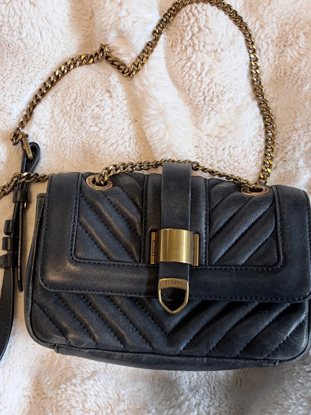 Rudsak Black Quilted Leather Crossbody Bag with Gold Chain
